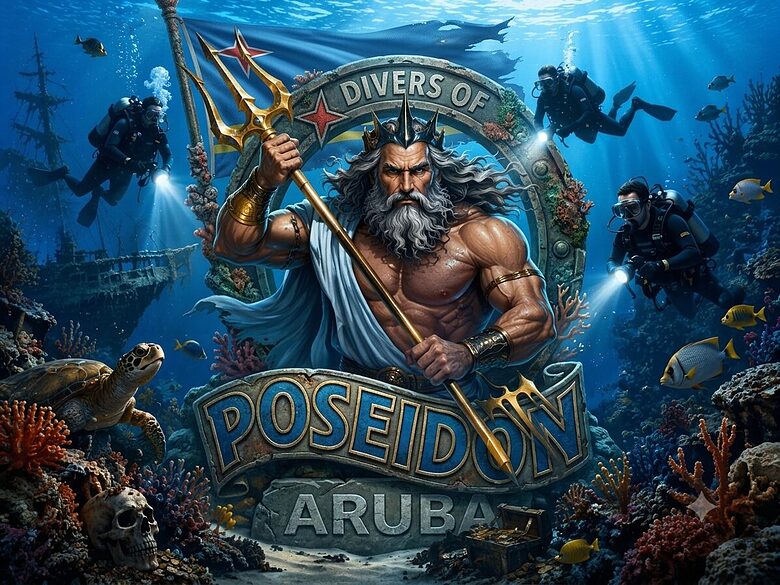 Divers of Poseidon Aruba storefront with underwater diving graphics and the company logo
